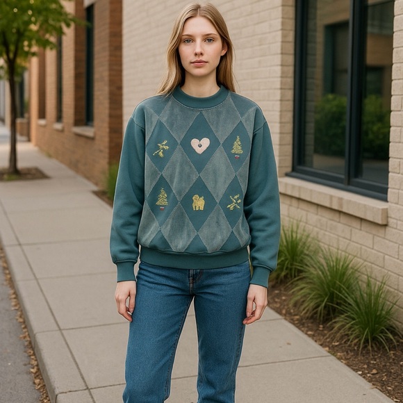 Vintage Alfred Dunner Blue‎ Velvet Top Sweatshirt Med Cat Grandmacore Argyle - Picture 1 of 10
